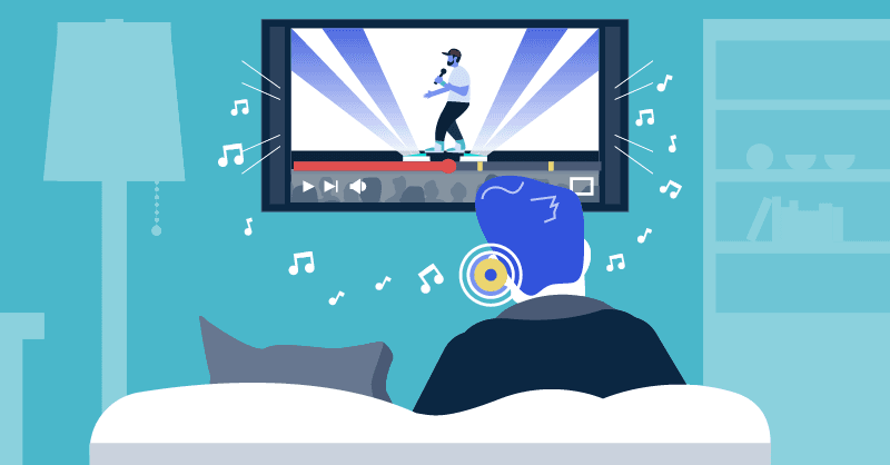 Illustration of a man watching tv and wearing earbuds with Qualcomm and Jacoti Inside
