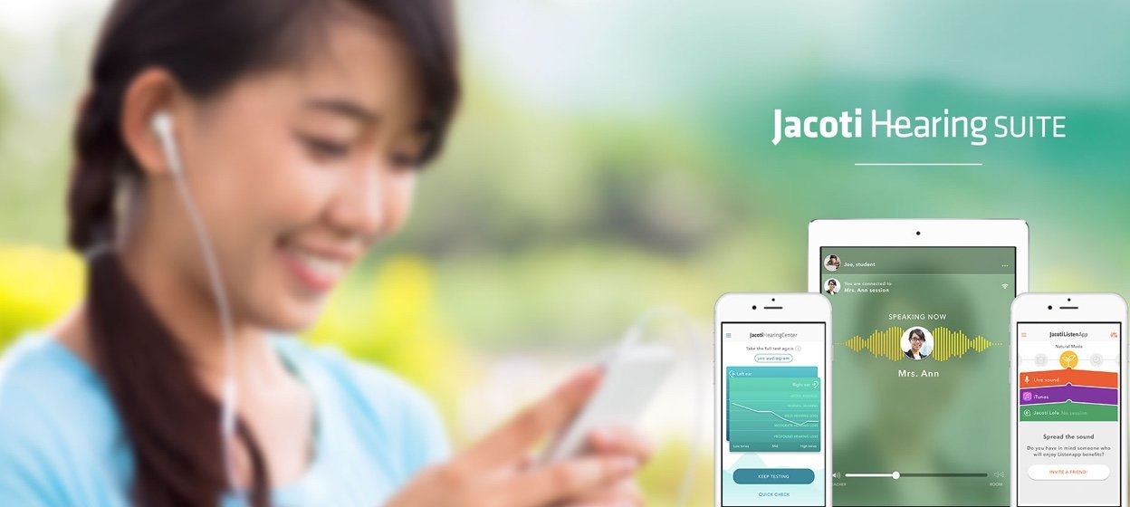 Woman holding an iphone and wearing earpods. Screen mockups of Jacoti Hearing Center, Jacoti Listenapp and Jacoti Lola