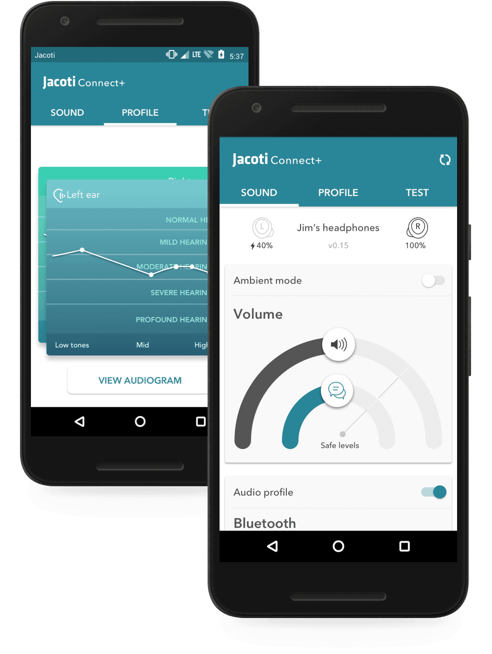 Jacoti Inside Android smartphone Control app mockup showing the sound control screen and hearing profile cards indicating degrees of hearing loss