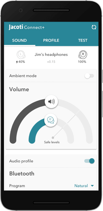 Jacoti smartphone app JacotiConnect is a nice user interface that makes it easy and pleasant to control multiple hearing loss compensation features, from volume, through equalizing, to selected preprogrammed profiles adapted for different audio content and many other things.